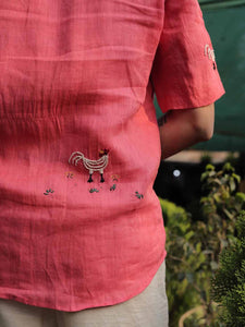 Roosters in Red Half Sleeve Shirt